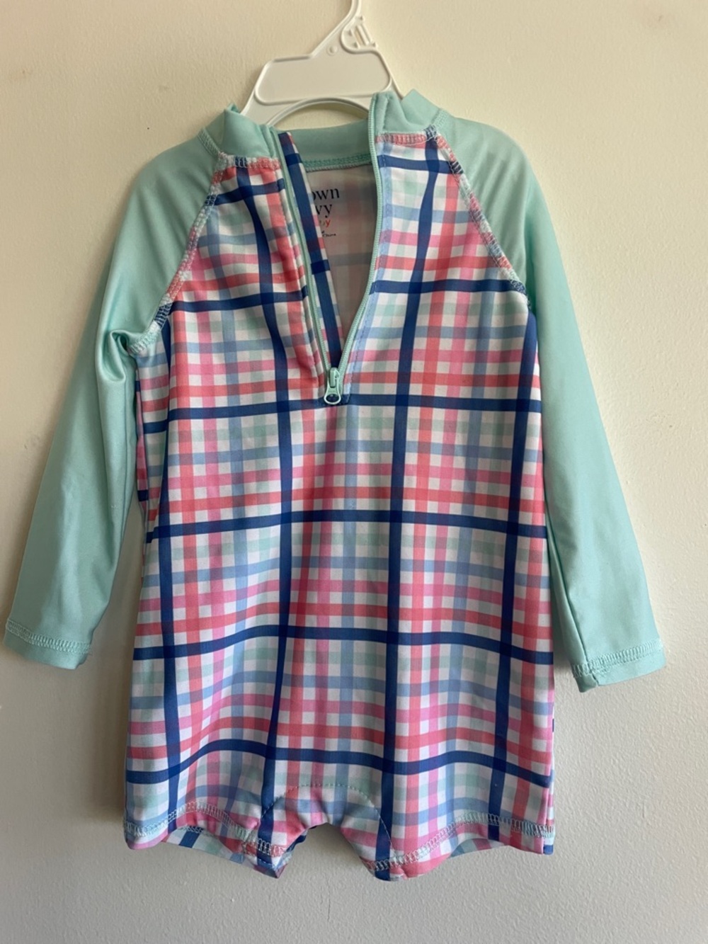 crown & ivy Baby Pink, Mint and Navy Plaid Swim Suit 12 months
